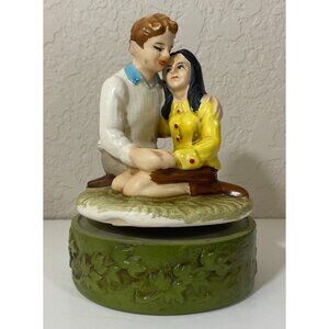 Vintage Love Story Ceramic Rotating Music Box Hugging Couple Mid-Century MCM